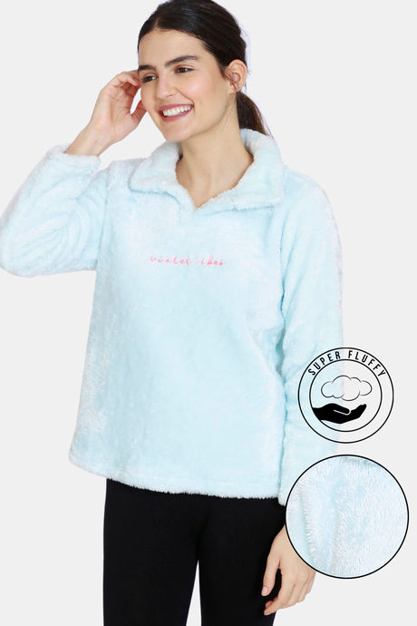 Buy Zivame Fluffy Fur Knit Sweatshirt Baby Blue at Rs.583 online